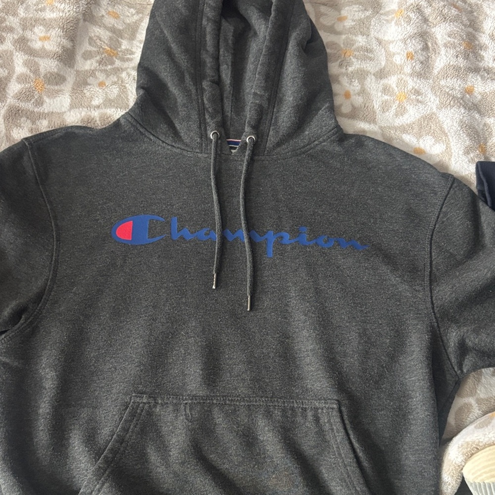 Champion Dark Gray Hoodie with Blue Logo